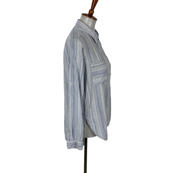 Athleta Blue White Striped Button Down Shirt Small Long Sleeve Preppy - Picture 2 of 5
